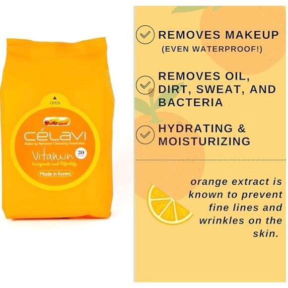 K-Care Celavi Makeup Remover Cleansing Wipes 30 pc per pack*Vitamin C*2 pack - Picture 2 of 2